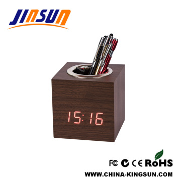Wood Pen Holder With Led Alarm Clock