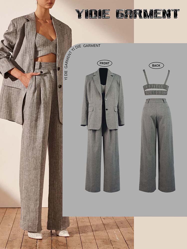 Non-stretchy Herringbone Wide-leg High Waisted Suit Pants