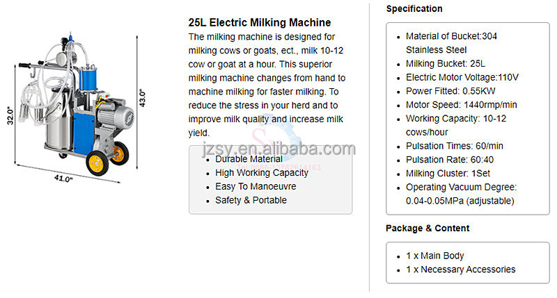 Wholesale Price Vacuum Double barrel Cow Milking Machine 50L Milk Extruding Machine For 4 Goat