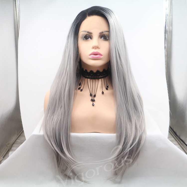 Vigorous grey ombre long straight premium high quality wholesale black women synthetic hair wigs with lace front