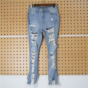 Women's denim worn-out straight pant