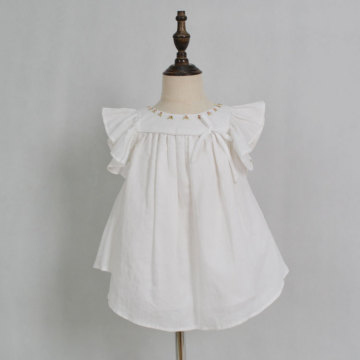 White embroidered collar cotton linen baby girls dresses