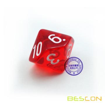 Bescon Polyhedral 10 Seiten Würfel mit Nummer 1-10, Rot Transparente 10-seitige Würfel, 10 Seiten Würfel 1-10