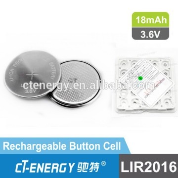3.6 V lithium ion rechargeable button cell battery LIR2016