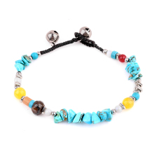 Natural Turquoise Chip Stone Beads Handmade Woven Silver Bell Bracelets for Women Girls