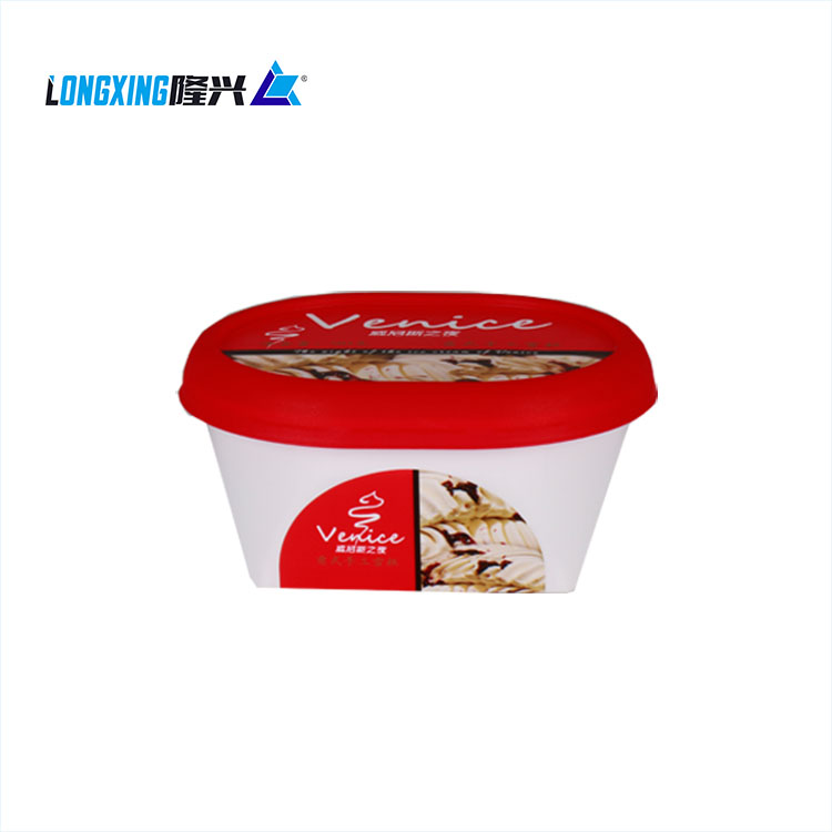 Oval Shaped IML Ice Cream Plastic Container with Round Lid and Spoon