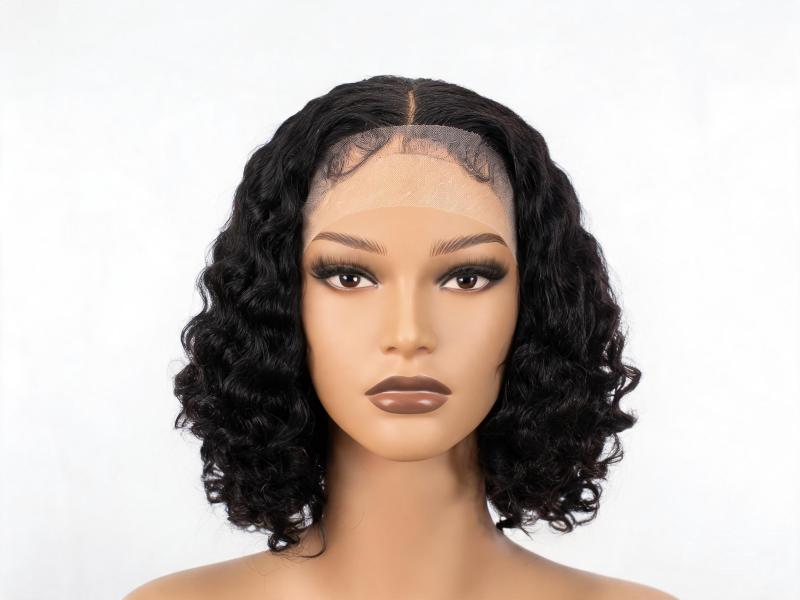Natural Black Curly Bob Wig Lace Front Human Hair