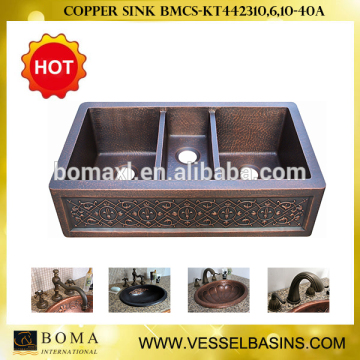 Light hammered three bowl antique Copper Sink