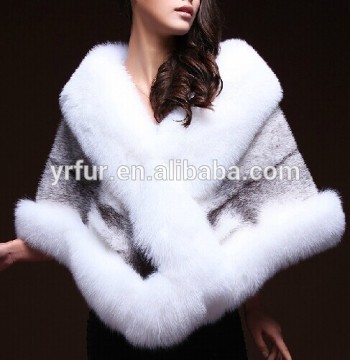 YR232 Genuine Whole Skin White Mink & White Fox Fur Shawl/Bridal Fur Shawl