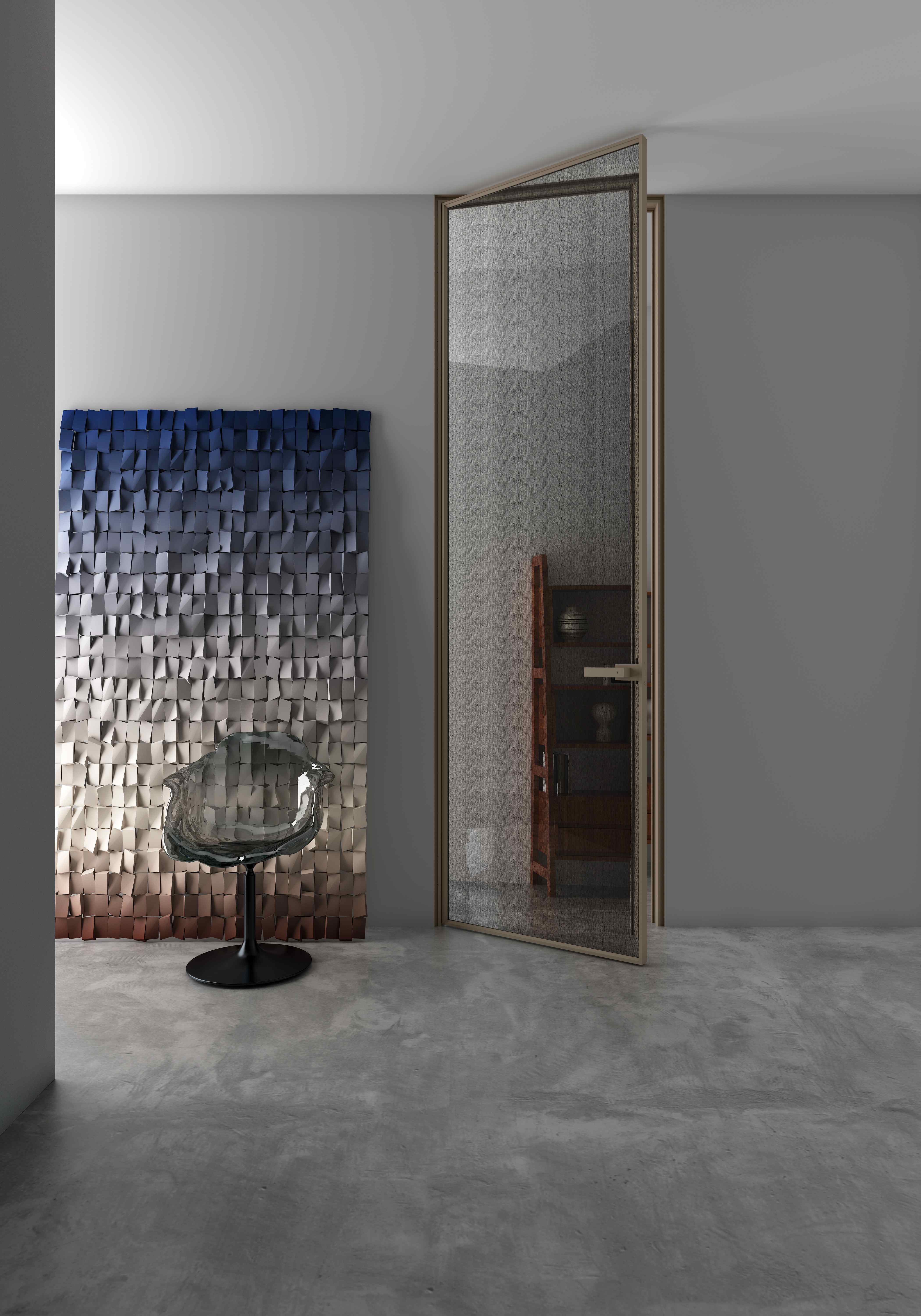 Vista detalhada da porta giratória de vidro Equinox