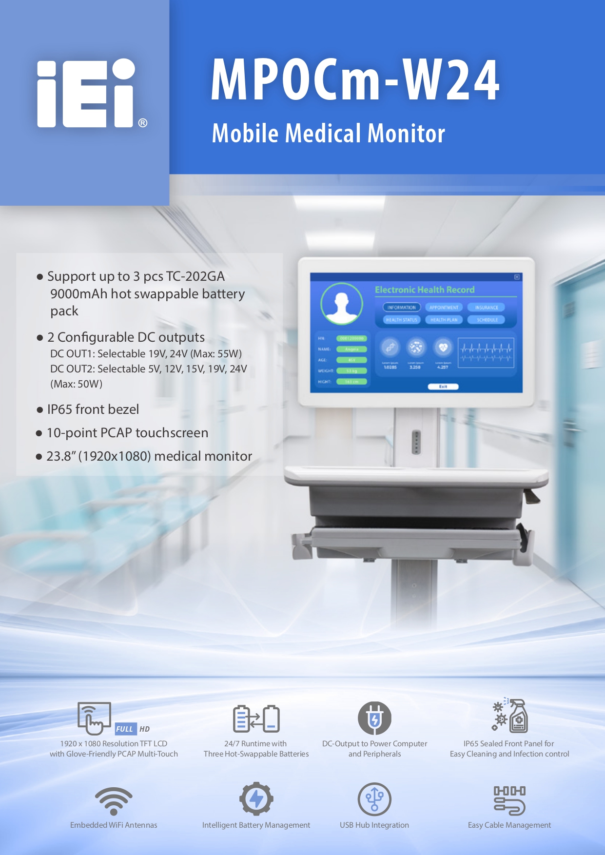 IEI MPOCm-W24 23.8 inch FHD Medical Monitor  IP65 front bezel 10-point PCAP touchscreen  Hot-swappable batteries