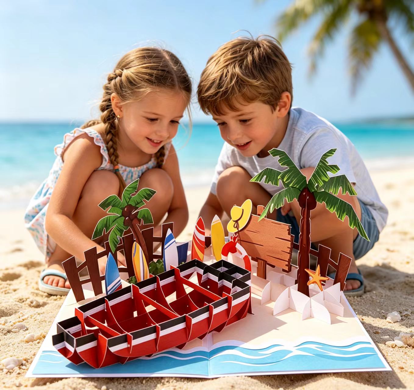 Urodzinowa karta 3d na plaży Birthday beach boat 3d card