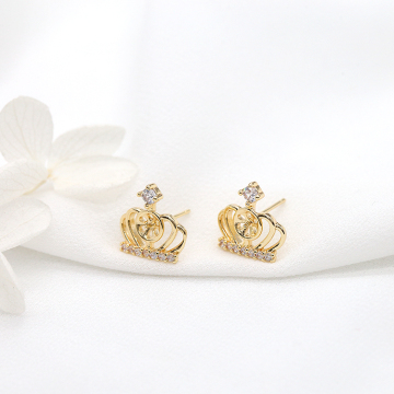 New Design 14K Gold Plated Micro Pave Zircon Flower Crown Shape Stud Earrings