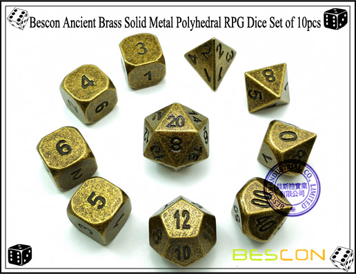 Juego de dados poliédricos de acero macizo Bescon antiguo de latón, de 10 piezas-3 Bescon Ancient Brass Solid Metal Polyhedral RPG Dice Set of 10pcs-3
