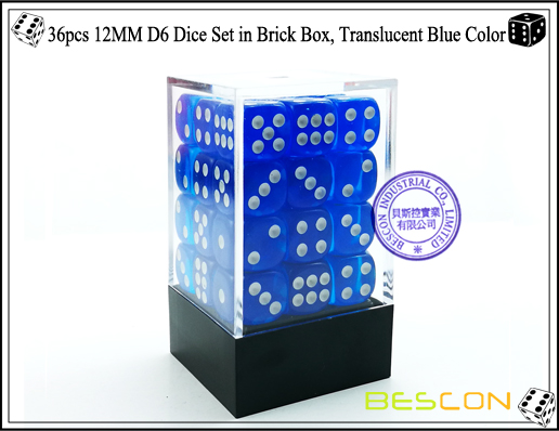 36pcs 12MM D6 Dice Set in Brick Box, Translucent Blue Color-1