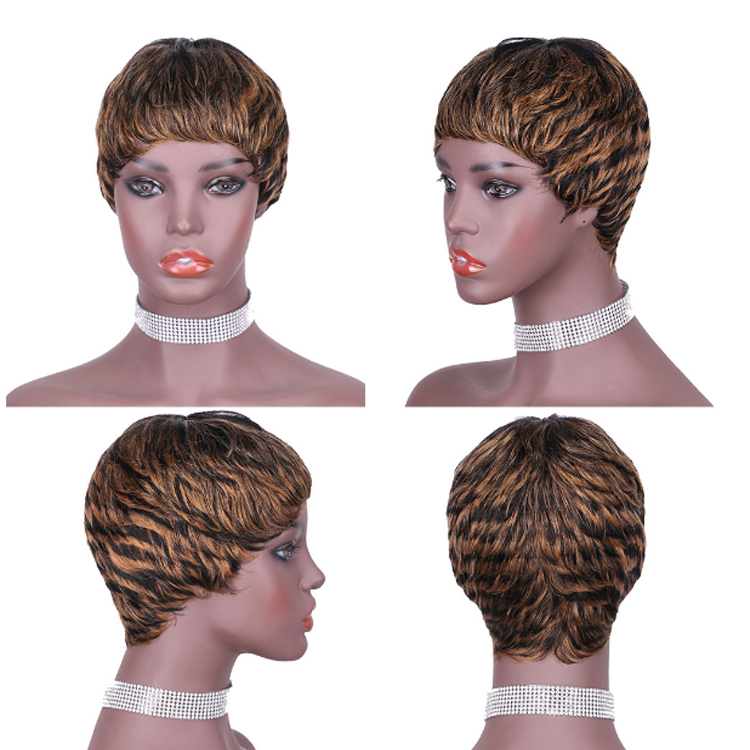 Non Lace Mix Blonde Brown Ombre Color  Short Human Hair Wigs, Pixie Cut Aliexpress Short Non Lace Machine Made Hair Wigs