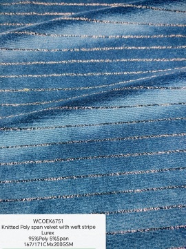 Knitted poly span velvet with weft stripe Lurex