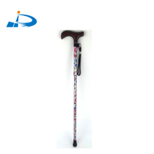 Ninghai jianda folding elderly flower print aluminum walking crutch cane and stick with wood head crutch