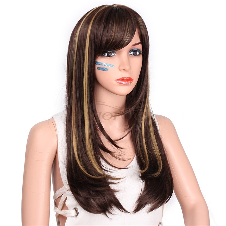 Vigorous Long Silky Straight Dark Brown Highlight Heat Resistant Smooth Synthetic Wig with Inclined Bangs for Women