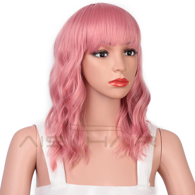 Aisi Hair Wholesale Top Quality Short Bob Pink Wig With Neat Bangs Synthetic Short Curly Wave Wigs For Black Women
