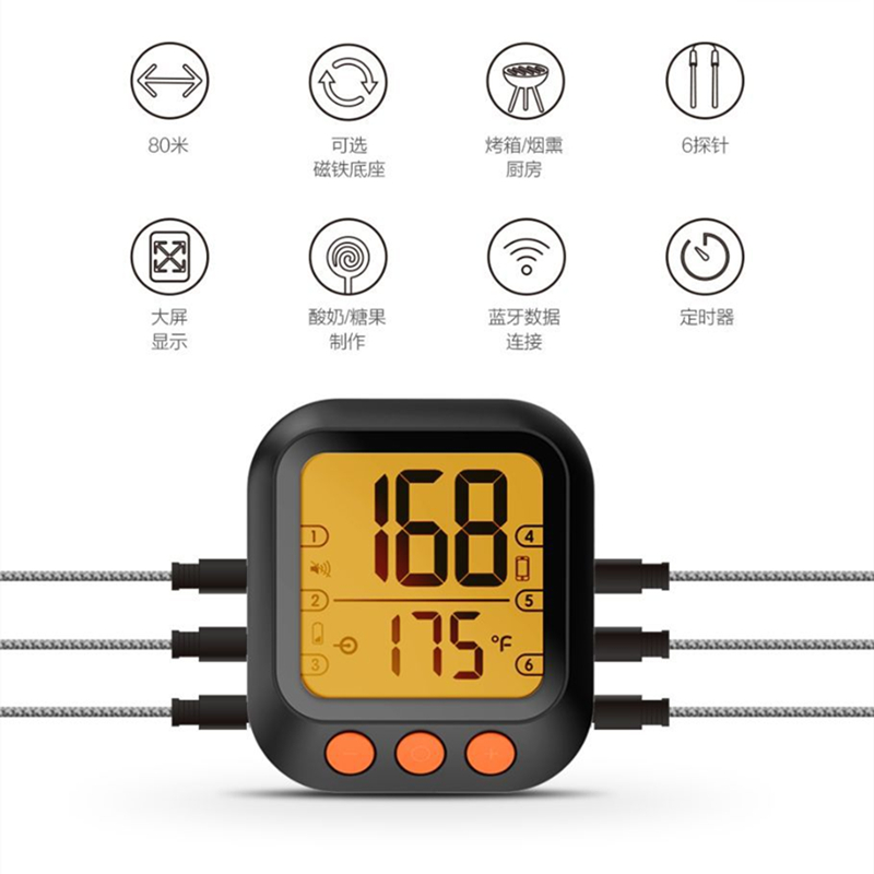 6-Channel Wireless Blue Tooth Digital Thermometer Bbq with 4 Probes