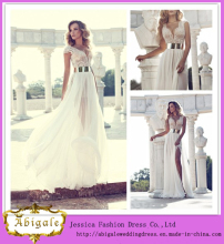 2014 Sexy A Line V Neck Short Sleeve High Slit Floor Length Chiffon and Lace with Sash Julie Vino Wedding Dresses (HS069)