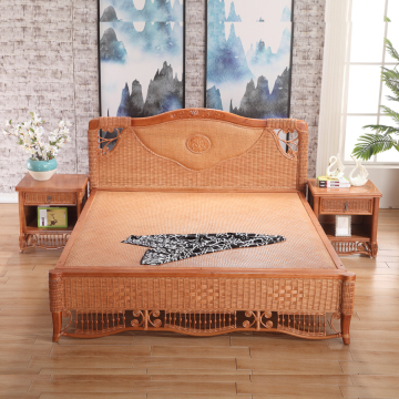 Solid Wood Bedroom Furniture Rattan Weaving Bed