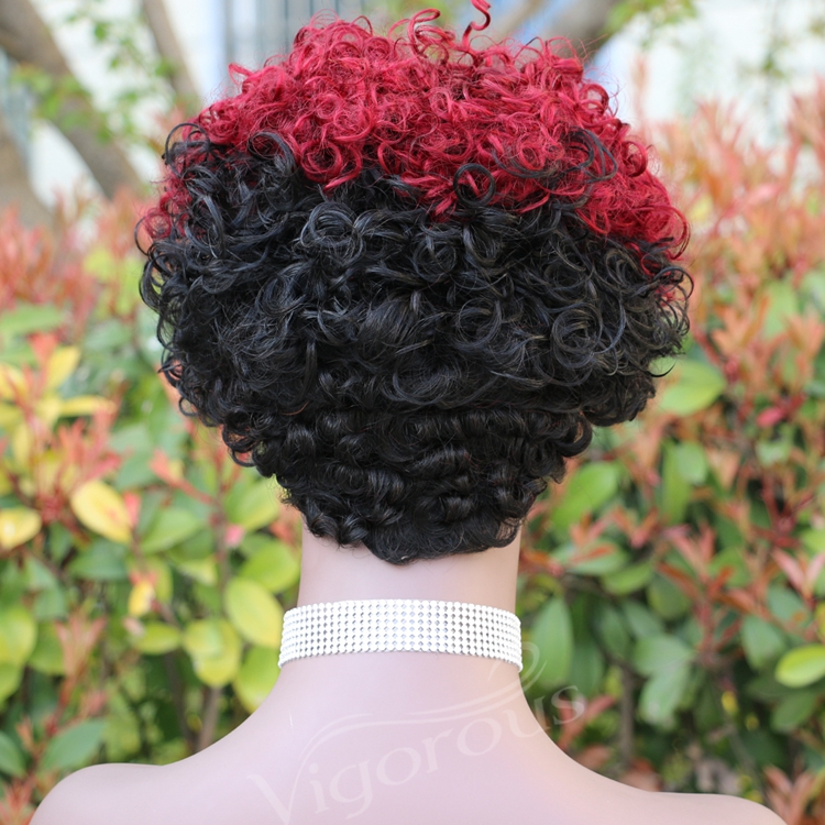 Vigorous Top Quality Ombre Black Roots To Red Afro Kinky Curly Wigs for Black Women Short Side Part Human Hair Wholesale Price