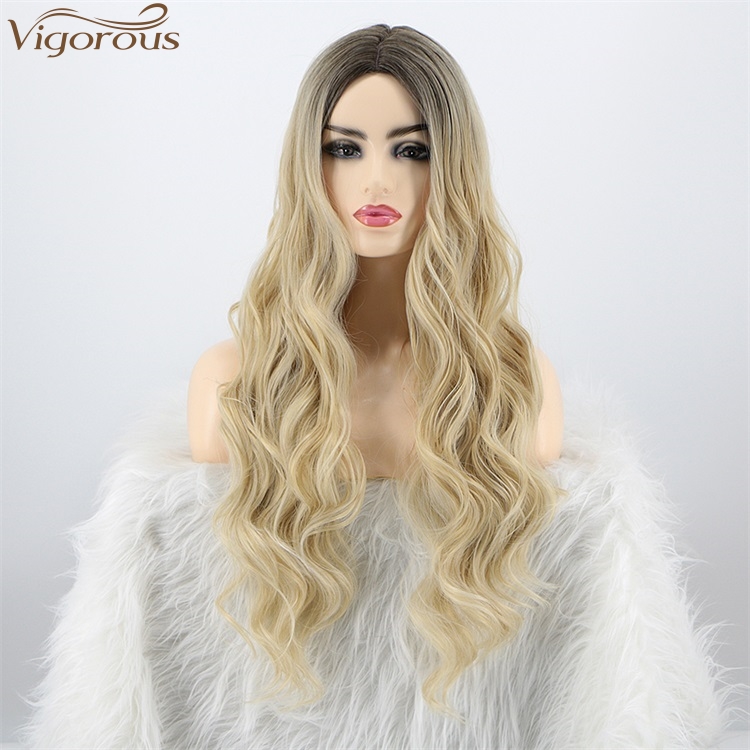 Vigorous Top Quality Long Ombre Blonde Body Wavy Wigs Middle Part Synthetic Fiber Wigs For Black Women Heat Resistant Wholesales