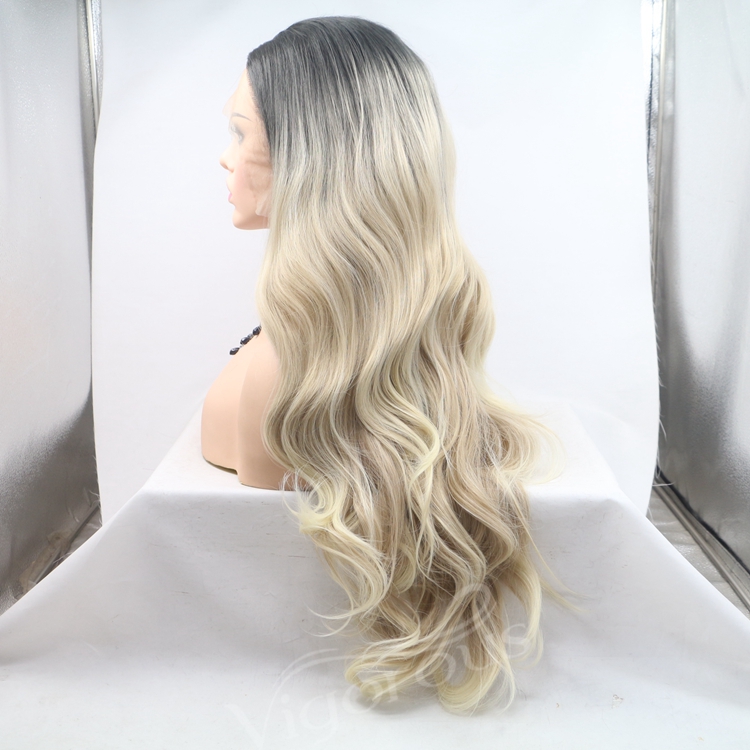 Vigorous ombre blonde long straight premium high quality wholesale black women synthetic hair wigs with lace front