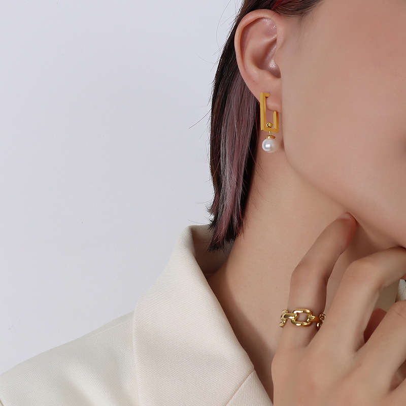 Trendy Stainless Steel 18k Gold Plated Earrings Rectangle Shape Jewelry Hoop Earrings With Pearl
