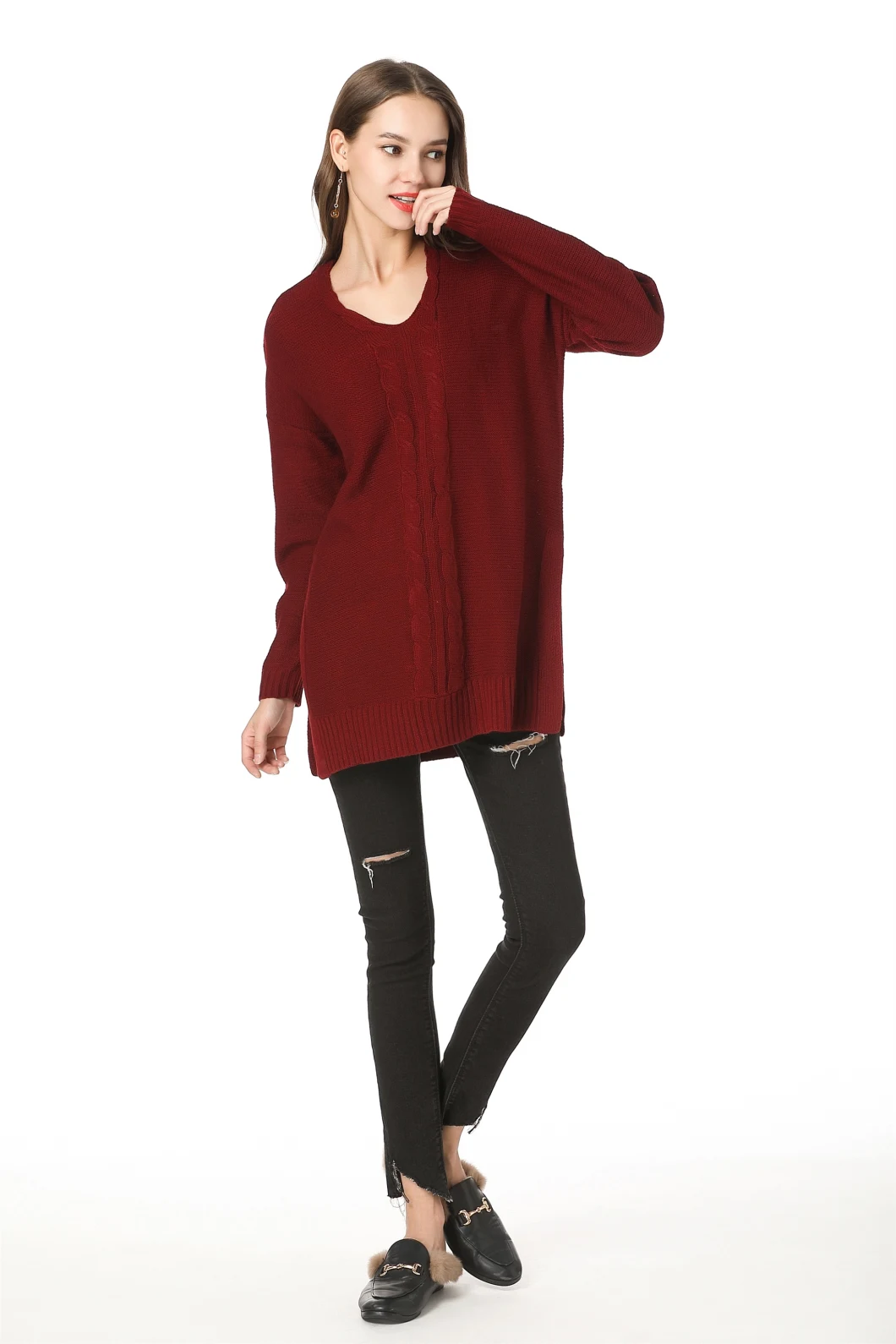 V-Neck Mid-Length Knitwear Over Saiz Pakaian Wanita Pullover Sweater