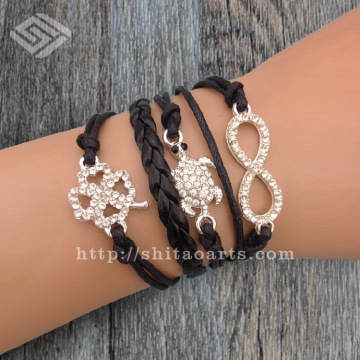 2014 Fashion infinity Wax Cords Leather Bracelet, clover leather bracelet