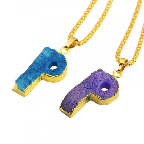 Natural Druzy Crystal Alphabet Letter P Pendants Plated Gold