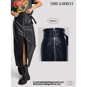 Black Faux Leather Belted Midi Skirt With Zip