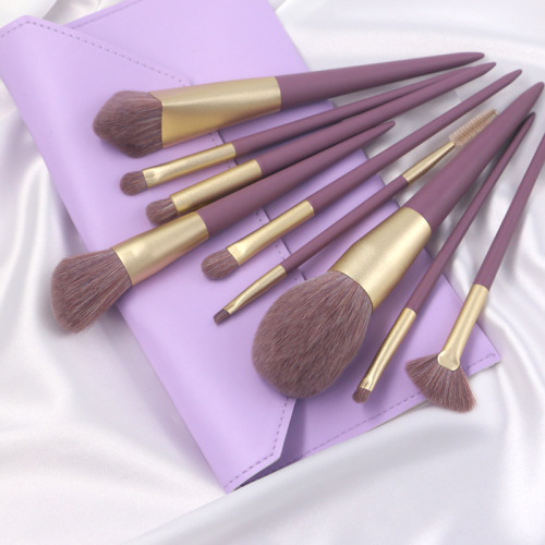 Ensemble de pinceaux de maquillage à manche en bois violet 9pcs