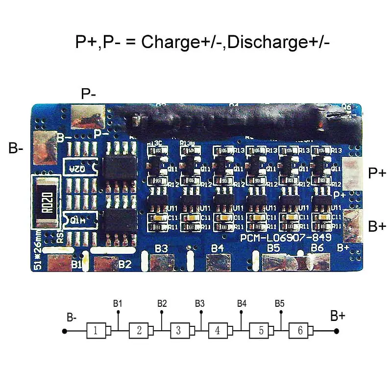 6s 6A PCM BMS for 21.6V 22.2V Li-ion/Lithium/ Li-Polymer 18V 19.2V LiFePO4 Battery Pack Size L51*W26*T4mm (PCM-L06S07-849)