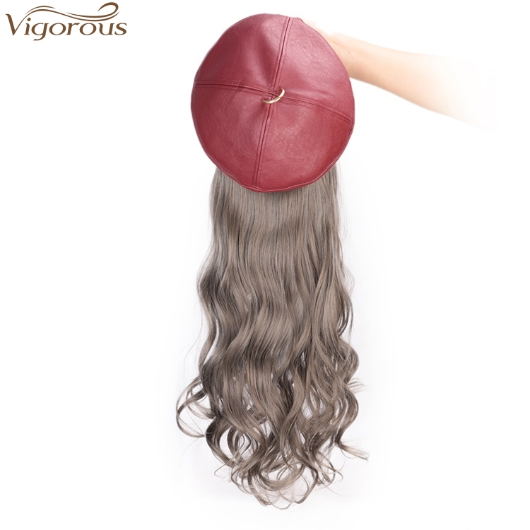 Vigorous Gray Wig With Red hat for Women Synthetic Hair Extensions Wavy Heat Resistant Fiber Hair Extension Wigs