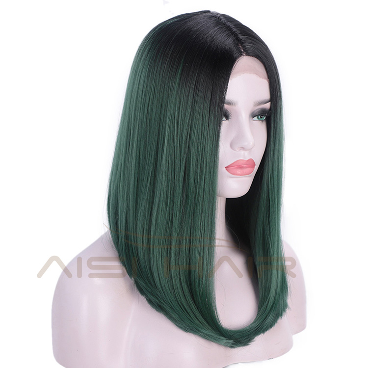 Aisi Hair Synthetic Silky Straight Lace Front Wigs Ombre Green Middle Part Lace Front Cosplay Bob Wigs for Women