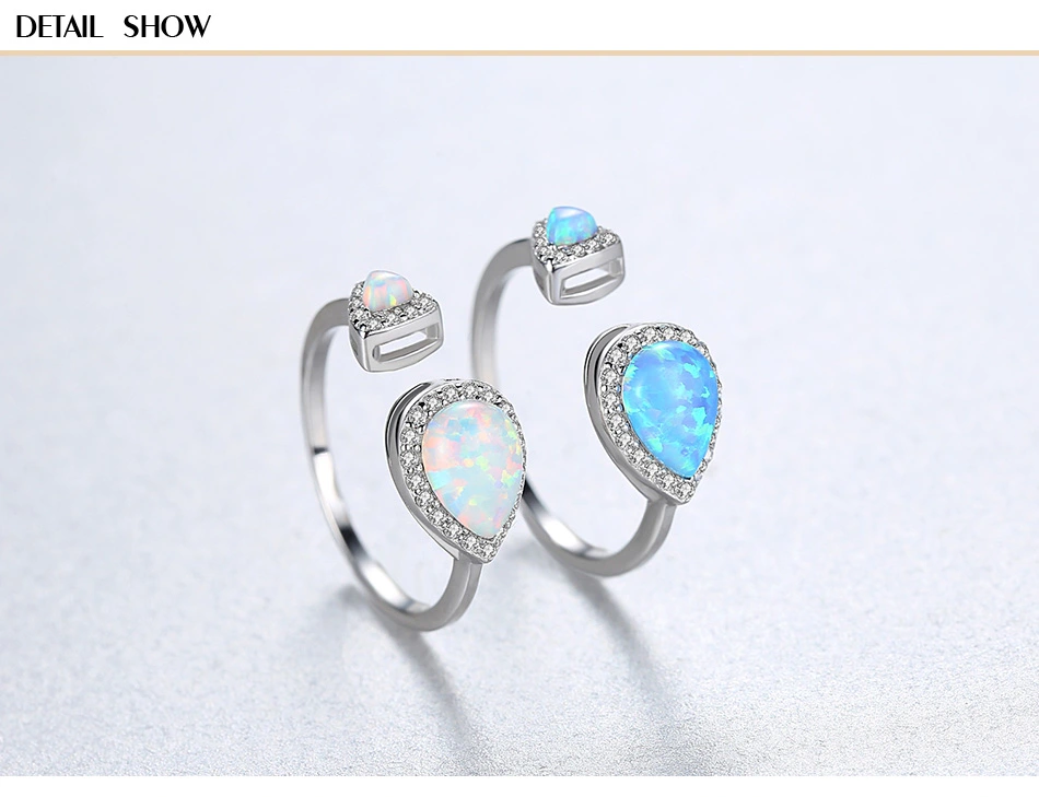 Luxury S925 Silver CZ Water Drop Fire Opal Open Rings