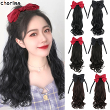 Wholesale Long Ribbon Bow Wrap Curl Bow Bowknot Wave Curly PonyTail Hair Synthetic Clip In Extension For Girl Party 20inch