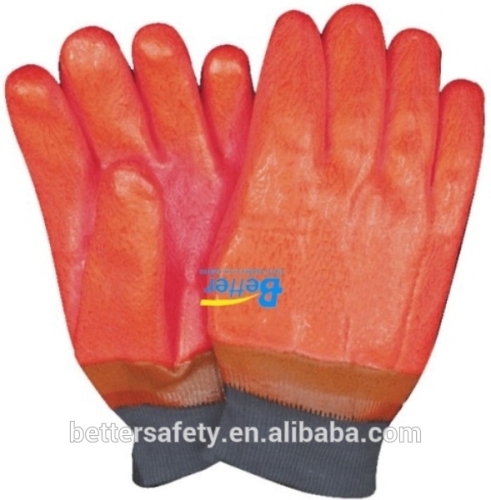 Cotton Foam Warm Lined Fluorescent Orange Color PVC Sandy Fully Dipped Chemical Resistant Rigger Gloves