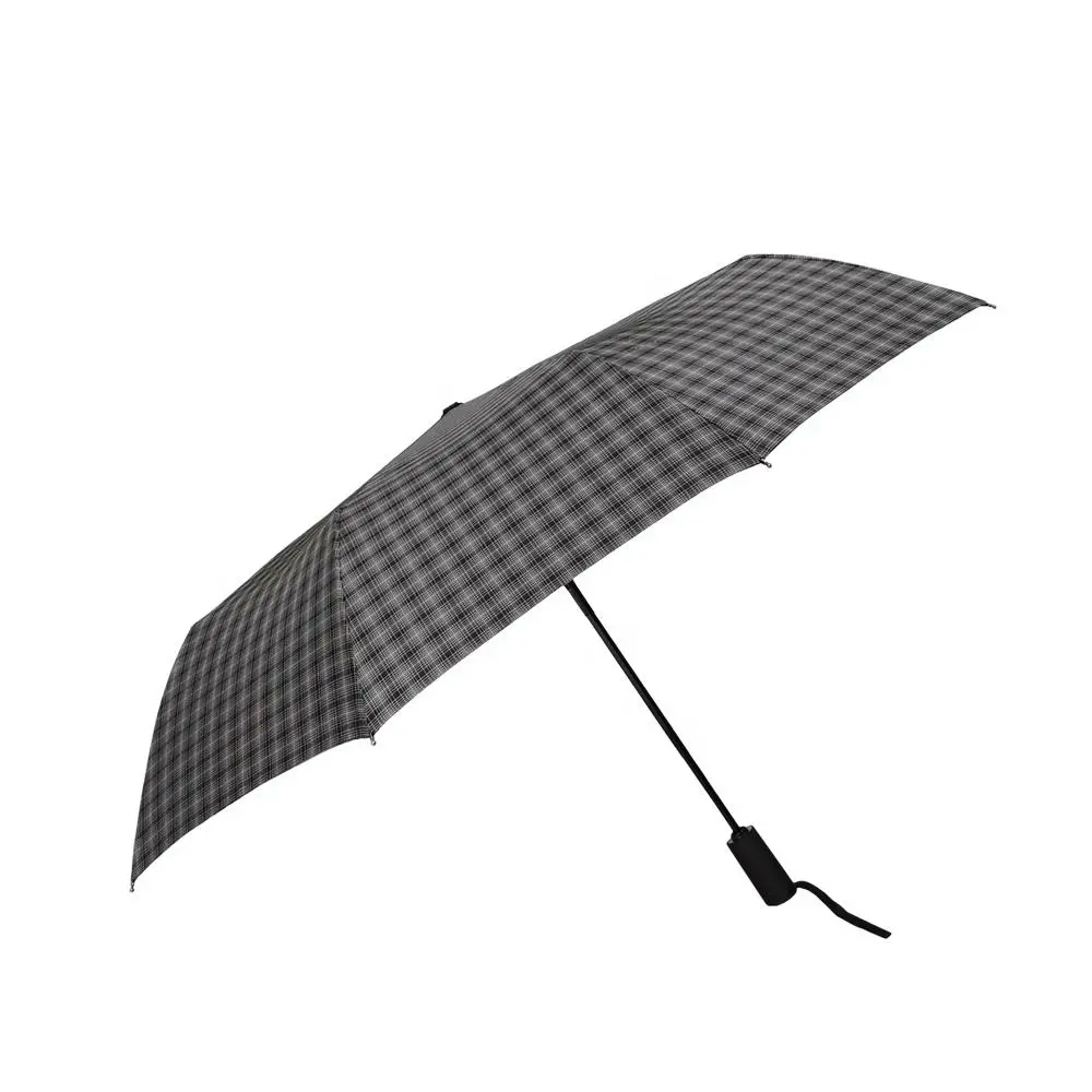 Grey Business Man Umbrella Plaid Fabric Three Folding Umbrella Fully Automatic with Customized