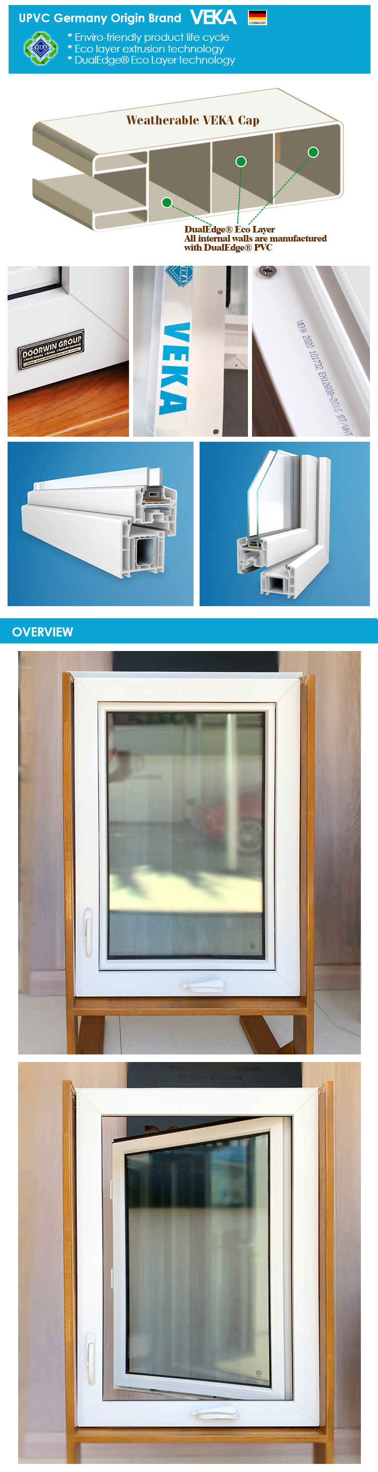 Doorwin new design custom made Environment Friendly UPVC Aluminium Glass windows