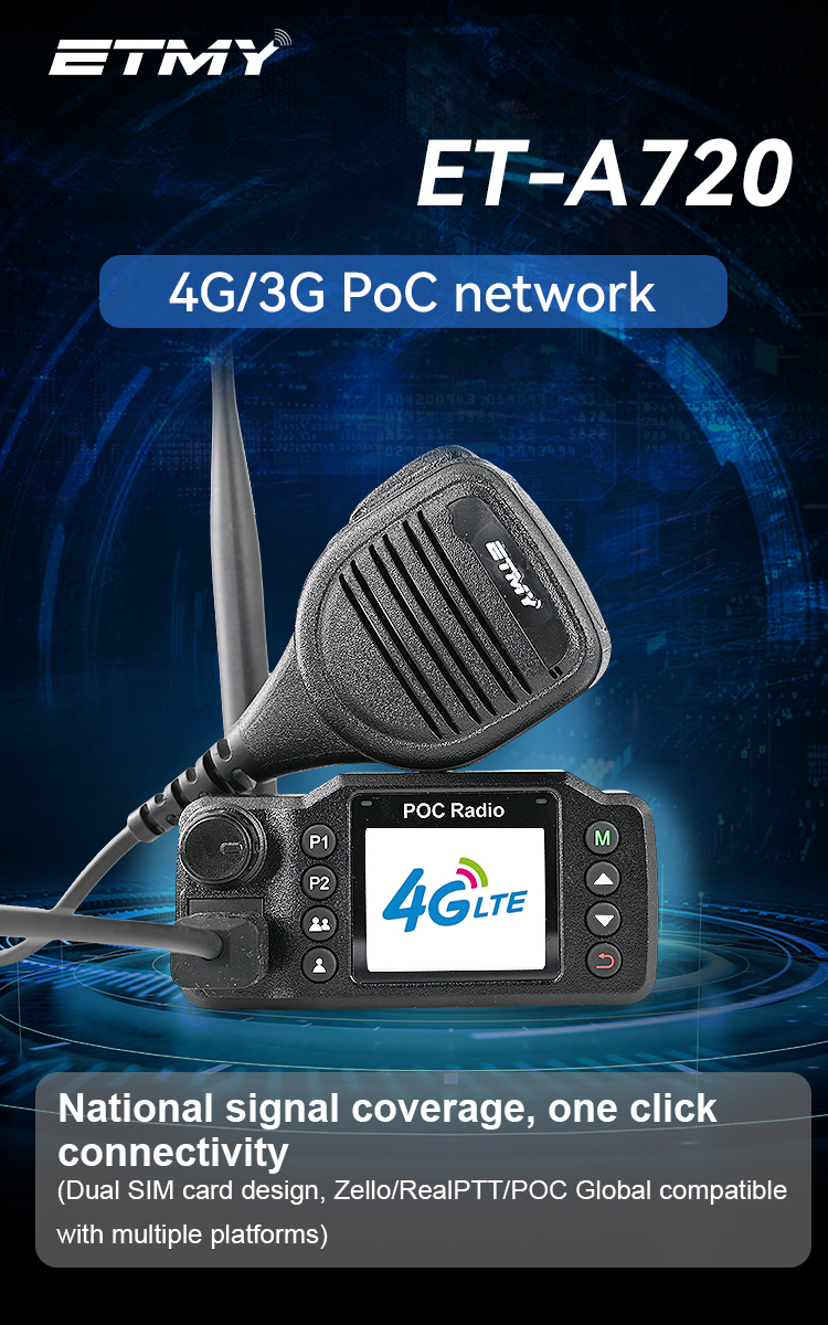 Realptt 4G LTE POC Android Vehicle Mobile Radio ETMY ET-A720 1000km Zello Mini Long Range Car Walkie Talkie with GPS Wifi