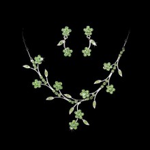 Green Rhinestones Silver Necklace & Earring Set