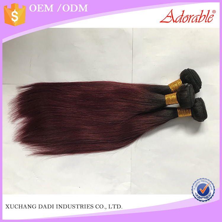 two tone ombre color dark red straight hair weave, natural Brazilian hair
