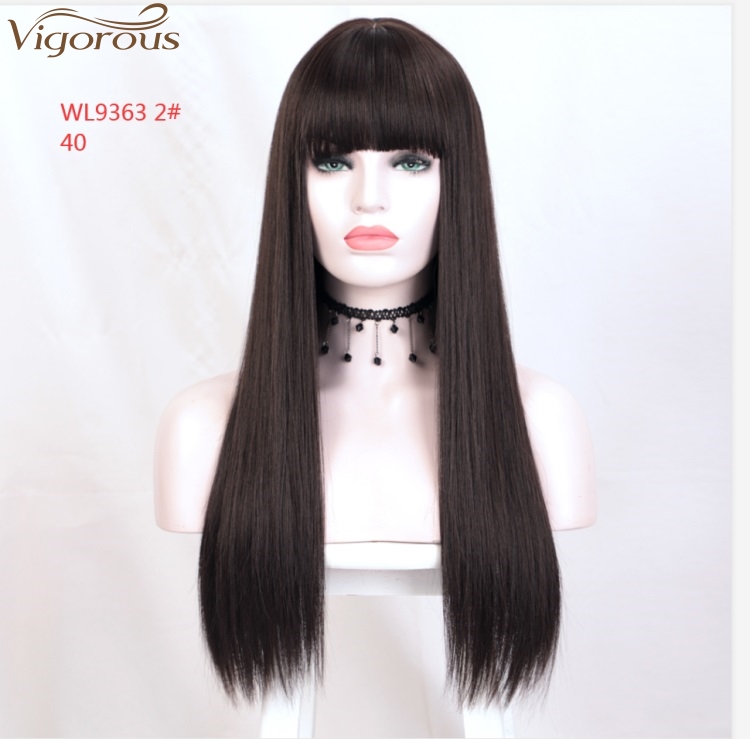 Vigorous High Temperature Cheap Long Silky Straight Black with Flat Bangs Synthetic Hair Wigs for Women Wholesale Price