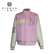 Women's Autumn-Winter Varsity Jacket with Towel Embroidery and Wool-Leather Splice