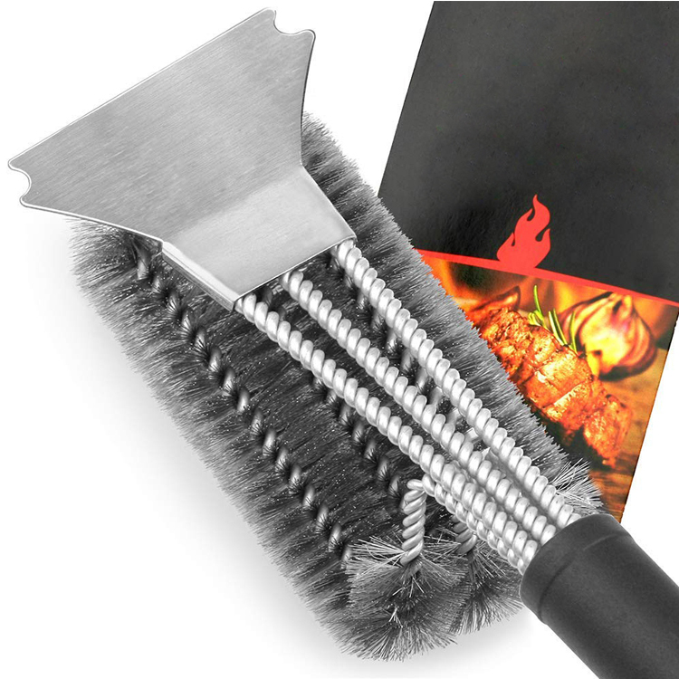 Hot sale bbq tool stainless steel spring barbecue brush with a scraper